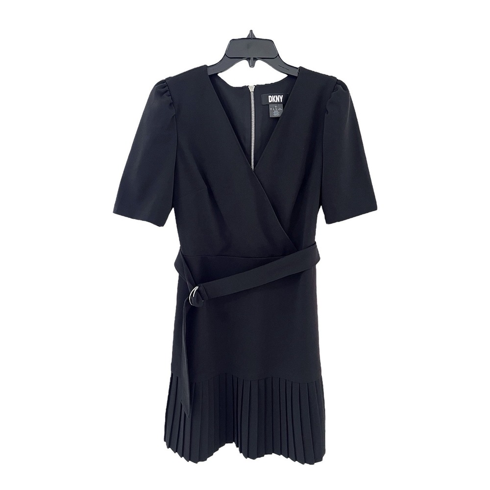 DKNY‎ Black Dress Pleated Hem Belted V-Neck Knee Length Womens 8